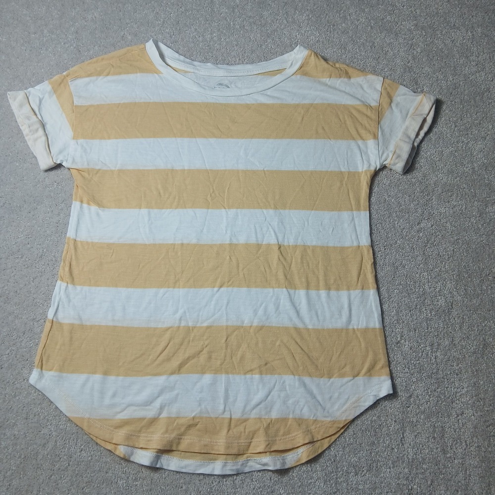 Maurices Blouse Yellow White Stripe Folded Short Sleeve TShirt Dress Shirt Small